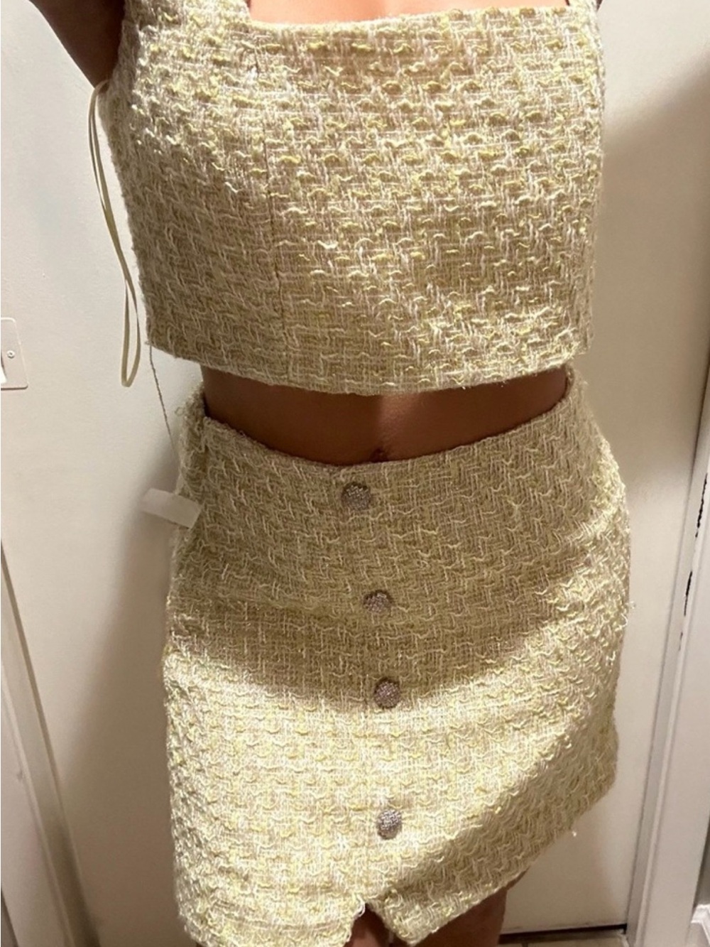 House of Harlow 1960 Pale Yellow Tweed Button-Front Mini Skirt